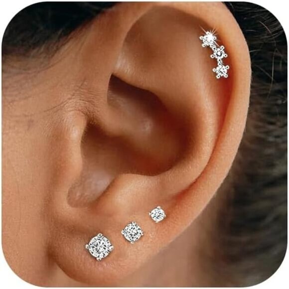 Silver Stud Earring Set – 4 Pairs CZ Multi-Size Set 925 Sterling Silver Dainty - Picture 1 of 6